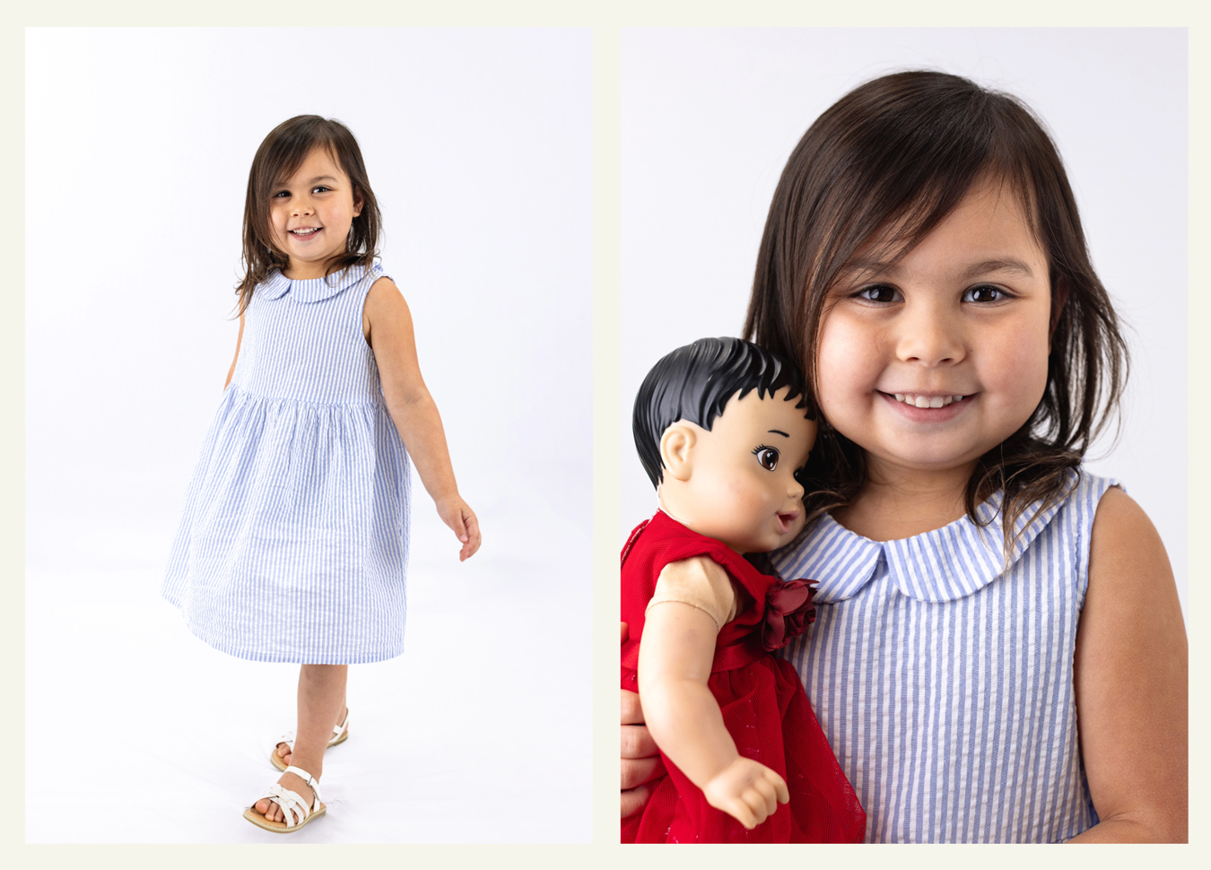 Divided image: girl in blue striped dress; one side shows her walking, the other shows her smiling while holding a doll