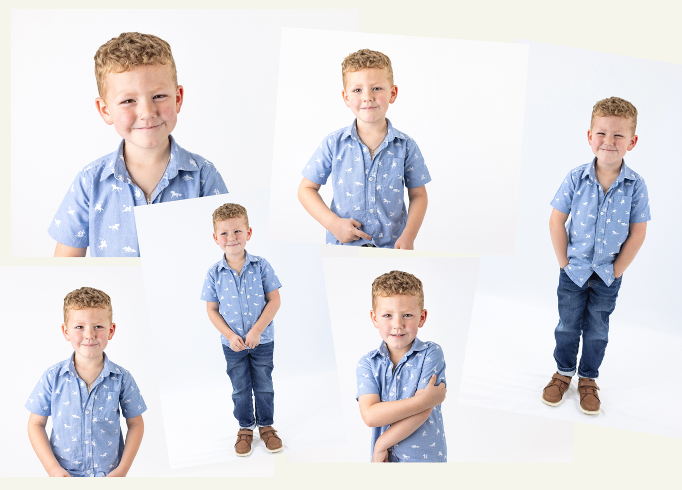 A collage of a young boy with curly red hair, wearing a light blue button-down shirt with white horse patterns, and jeans in some of the images, posing against a white background. The boy is smiling in each photo, showcasing different poses and expressions.