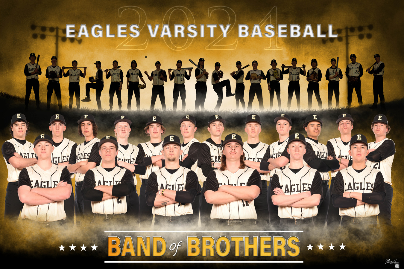 A team photo of the 2024 Eagles Varsity Baseball team shows the players in two rows, wearing their uniforms, with a silhouette of the team in action above them and the words "Band of Brothers" below. The team's colors are black and white, and the background is a golden hue. Image by Misty Huss Photography