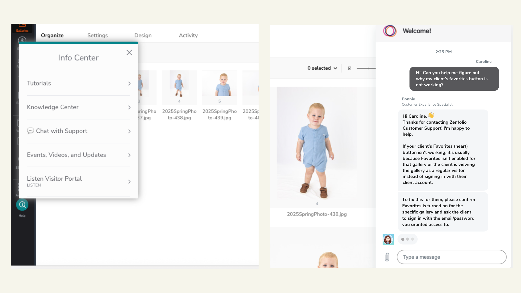 The image shows a Zenfolio interface with an "Info Center" menu open on the left, displaying options like Tutorials and Chat with Support, and a chat window on the right where a user is asking for help with a client's favorites button not working. In the center, there are thumbnails of photos, including a larger image of a young child in a blue outfit.