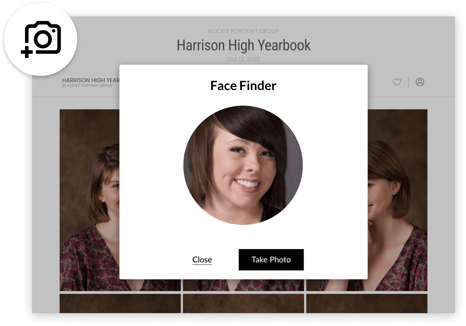 A digital interface displays a "Face Finder" feature for a yearbook, showcasing a close-up portrait of a smiling woman with dark hair. The interface includes options to "Close" or "Take Photo," suggesting facial recognition or photo capture functionality.