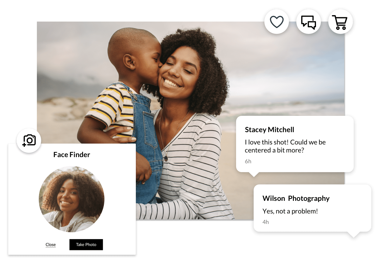 A young child kisses a smiling woman on the cheek in a candid beach photo, with speech bubbles showing feedback from a client and photographer. A "Face Finder" tool is visible, suggesting a feature for facial recognition or photo tagging.