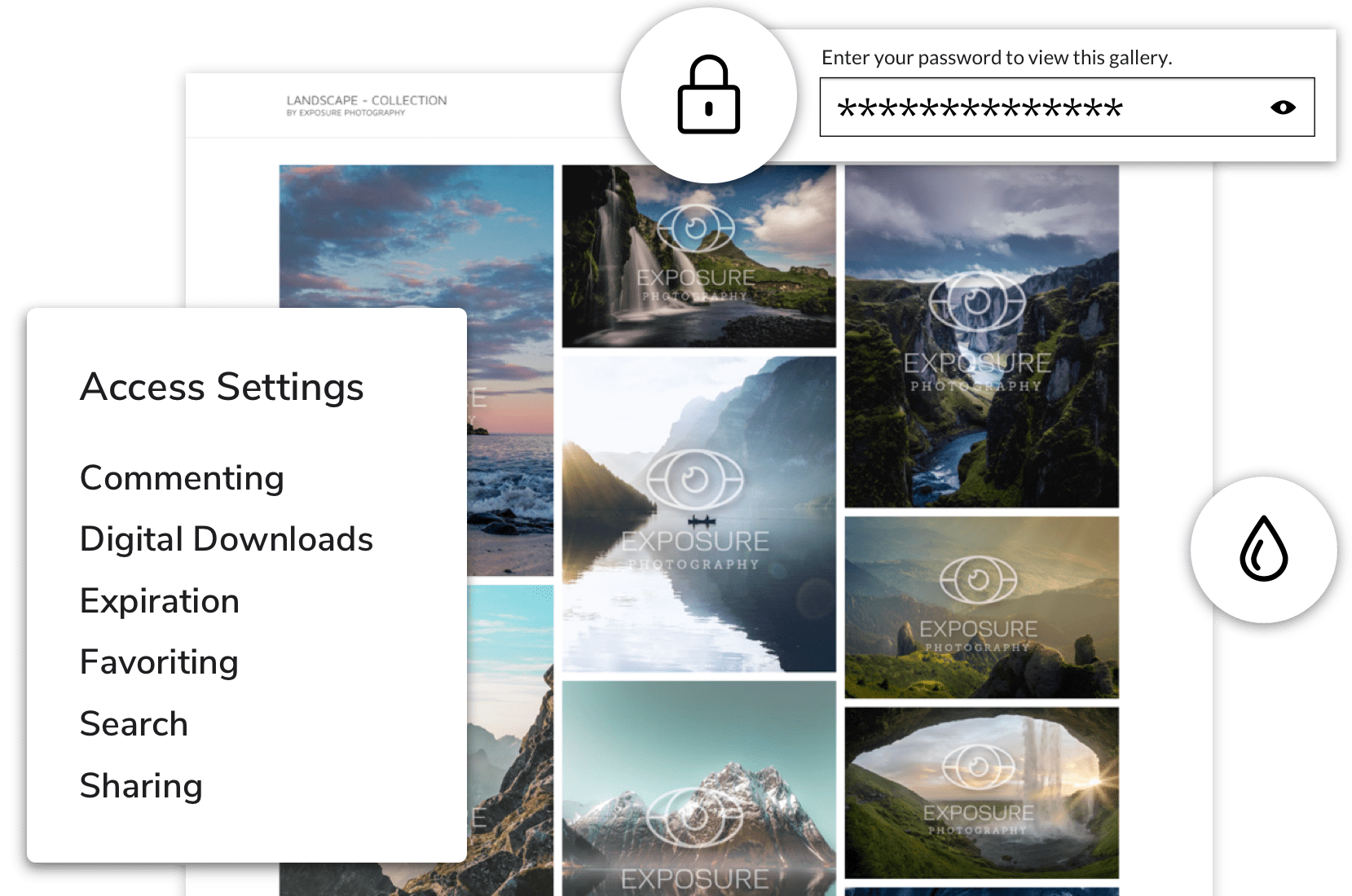 The image shows a password-protected online photography gallery with a grid of landscape photos and a pop-up menu for "Access Settings" including commenting, downloads, expiration, favoriting, search, and sharing. A password input field with asterisks and a lock icon indicates the gallery requires a password to view.