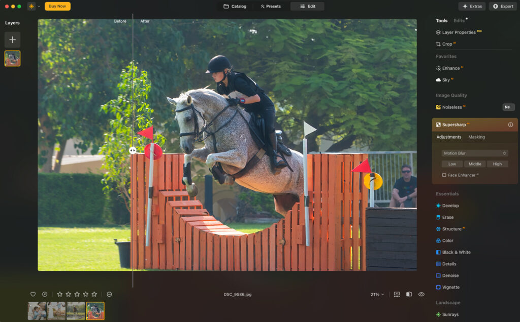 A photo editing interface displays an image of a rider on a dappled gray horse jumping over a wooden fence. The "before" and "after" comparison line is visible on the image, and editing tools are displayed on the right side of the screen.