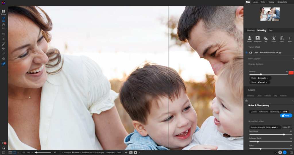 A photo editing interface displays a family portrait, split in the middle to show before-and-after noise reduction edits, with a smiling woman on the left and a man and two young children on the right. The editing panel on the right side shows noise reduction settings being adjusted.
