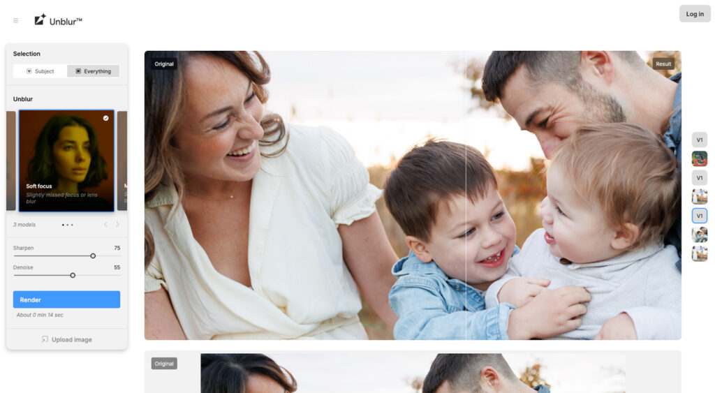 Screenshot of the Unblur website showing a family photo being edited; the original image of a mother, father, and two young children is displayed next to the editing panel with options to adjust sharpness and denoise. The family is smiling and interacting closely, with the children appearing playful.