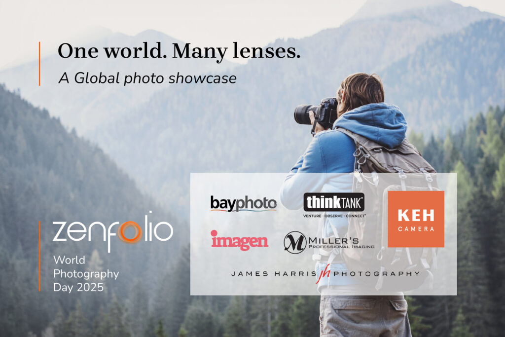 A photographer with a backpack is taking a picture in front of a mountain range, with the text "One world. Many lenses. A Global photo showcase" at the top and the logos of Zenfolio, Bayphoto, Think Tank, KEH Camera, Imagen, Miller's Professional Imaging, and James Harris Photography at the bottom. The image promotes World Photography Day 2025.