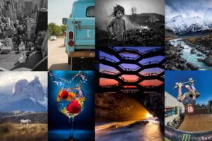 The image is a collage of nine photographs taken by the winners of the Zenfolio 2025 World Photography Day photo competition, showcasing a variety of subjects including a wedding in a cityscape, a vintage truck, a child near a fire, a mountain landscape, a glass of splashing liquid with fruit, a honeycomb-like structure with silhouetted figures, a cave with light streaming in, a snowy mountain range, and a skateboarder performing a trick. The photographs vary in color and composition, creating a diverse visual experience.