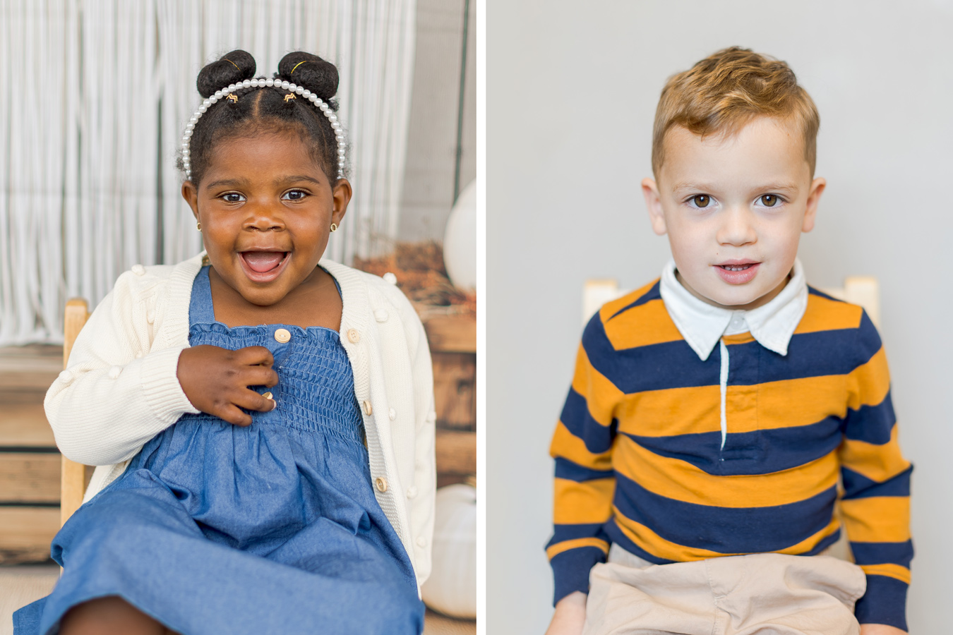 The image is a split portrait of two young children: on the left, a smiling Black girl with hair buns and a pearl headband, wearing a blue dress and cream cardigan; on the right, a fair-skinned boy with light brown hair, wearing a striped gold and navy ruby shirt with a white collar. Both children are seated and facing the camera.