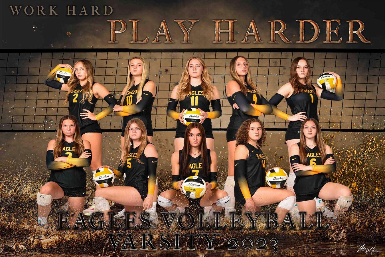 A team photo shows nine young women in black and gold volleyball uniforms, holding volleyballs, against a backdrop of a volleyball net and the words "Work Hard Play Harder." The text "Eagles Volleyball Varsity 2023" is displayed at the bottom of the image.