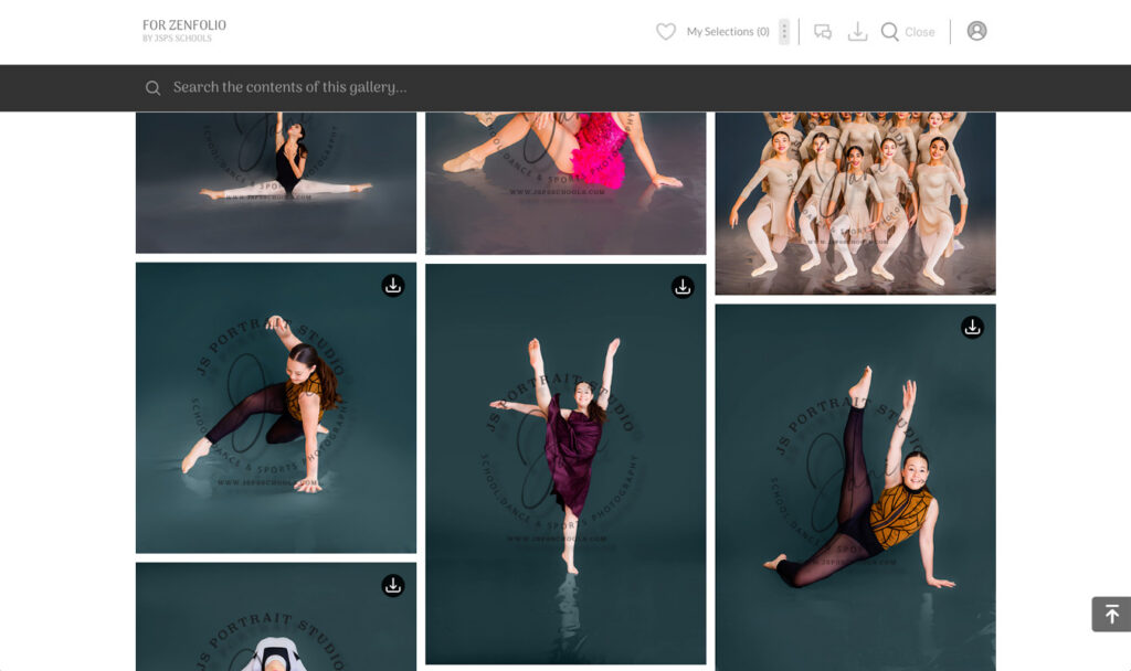 The image shows a gallery of dance portraits, featuring dancers in various poses and costumes against a dark teal background. The gallery includes individual dancers and a group shot, all professionally photographed with the studio's logo subtly overlaid. Photo by JSPS Schools.