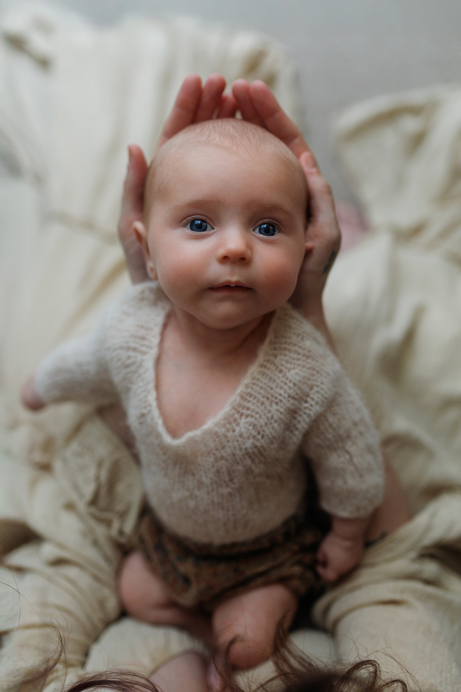 A baby with bright blue eyes is being held by adult hands, wearing a cream-colored knit sweater and brown patterned shorts, against a soft, neutral-toned fabric backdrop. The baby is looking directly at the camera with a calm expression.