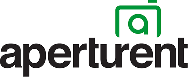 The image shows the word aperturent in black, with a green camera icon above the "t" that also forms the letter "a" within the lens. The background is black.
