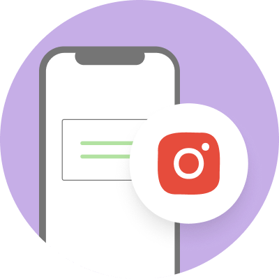 A smartphone displays a screen with two green lines, overlaid by a white circle containing the red Instagram logo, all set against a purple circular background. The phone's screen suggests a simplified interface or a placeholder for content.