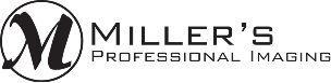 The image shows the logo for Miller's Professional Imaging, featuring a stylized M inside a circle on the left, followed by the company name in a modern, sans-serif font. The words Professional Imaging are stacked below Miller's in a smaller font size.