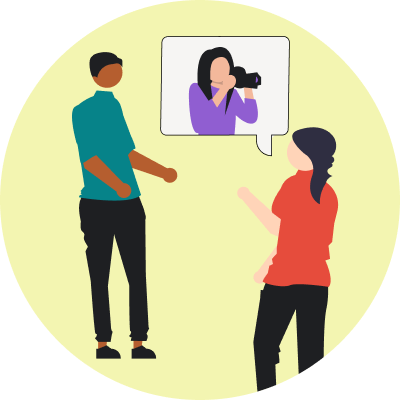 Two people are in conversation, with a speech bubble above them showing a person taking a photo with a camera. The background is a yellow circle.