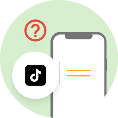 The image shows a smartphone with a blank screen and two orange lines, next to a white circle containing the TikTok logo, with a red question mark in the background. The background is a light green circle.