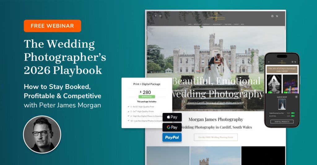 The image promotes a free webinar titled The Wedding Photographer's 2026 Playbook with Peter James Morgan, alongside a website mockup showcasing wedding photography services and packages. A smartphone displays a quick shop option with a discount on digital downloads.