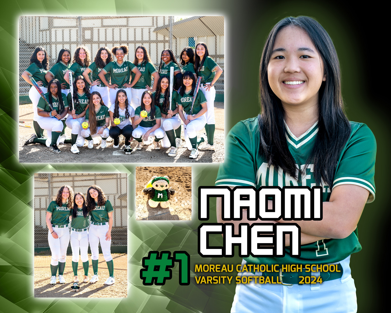 Collage featuring Naomi Chen, a Moreau Catholic High School Varsity Softball player. Includes team photos, a close-up of Naomi, and a small stuffed bear wearing a Moreau jersey. Text reads: Naomi Chen, Moreau Catholic High School Varsity Softball