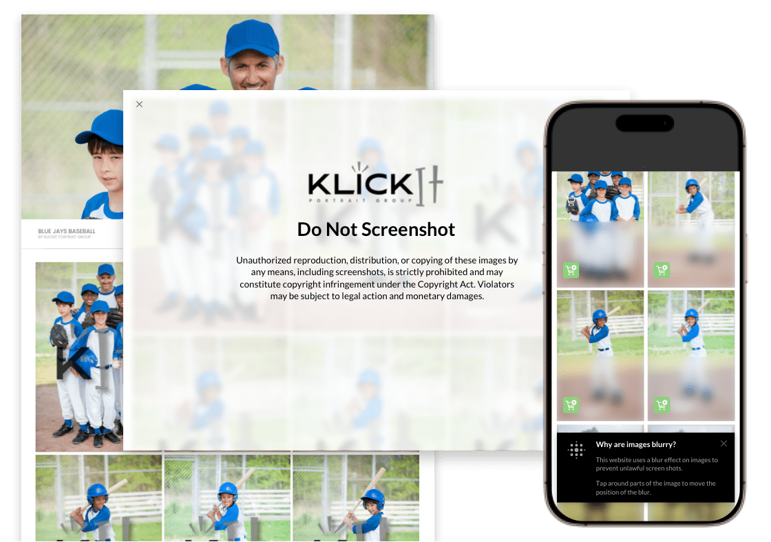 An illustration displays a Do Not Screenshot warning popup from Klick It Portrait Group over blurred youth baseball photos, alongside a smartphone showing the same blurred images and an explanation that the blur effect prevents unlawful screenshots.