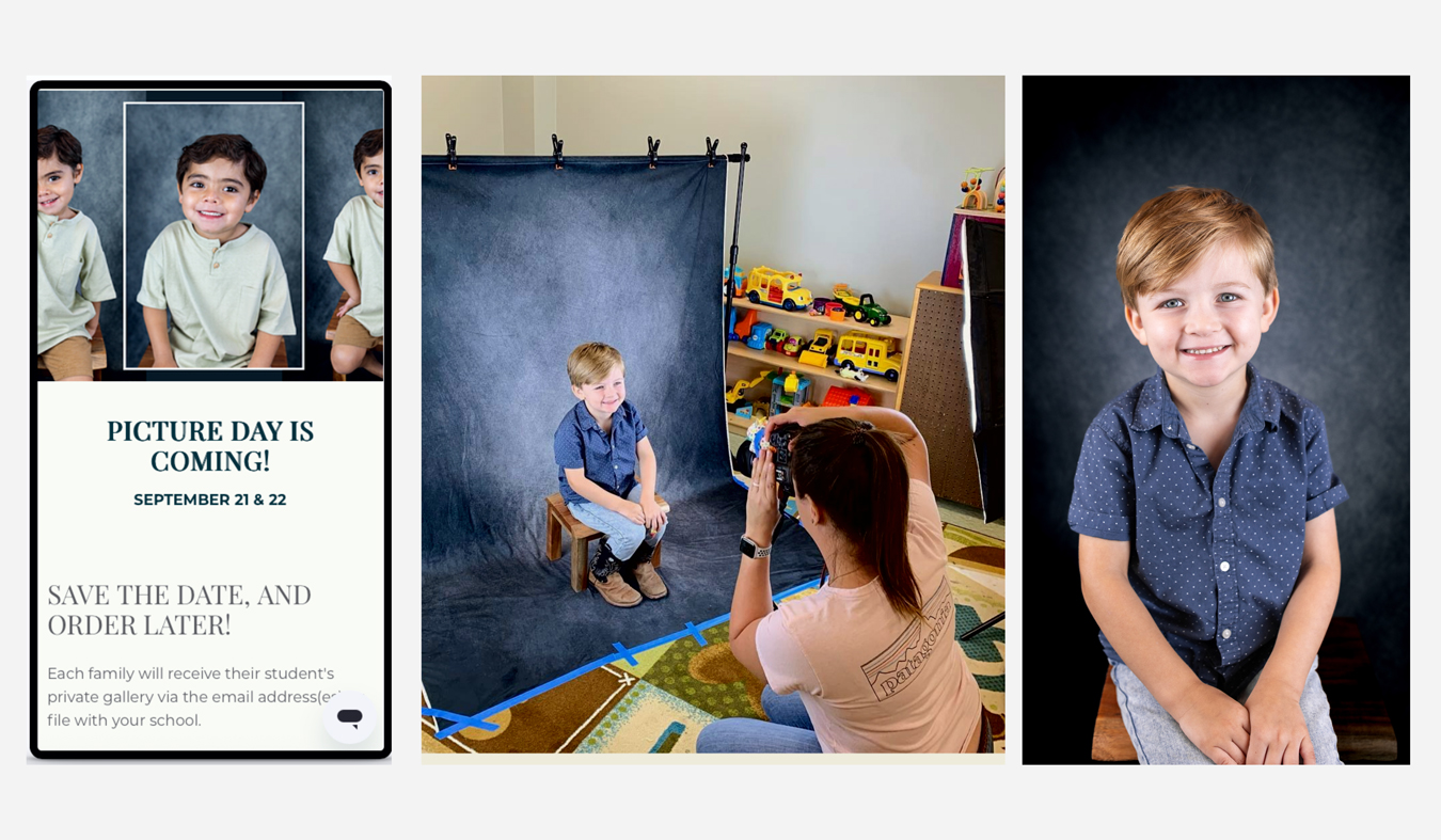 A three-panel graphic shows a "Picture Day is Coming" announcement on the left, a behind-the-scenes photo in the center of a photographer taking a portrait of a young boy sitting on a stool in front of a blue backdrop, and the final professional portrait of the smiling boy on the right.