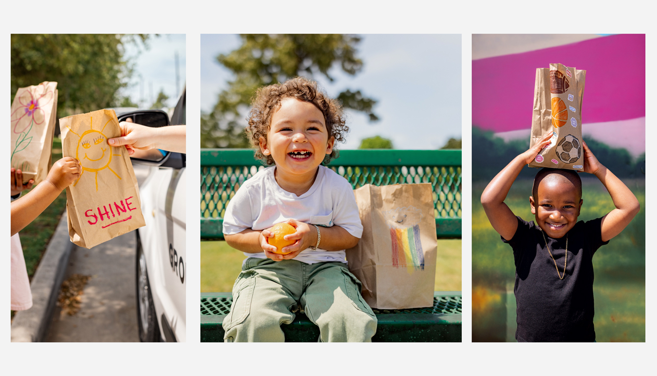 A three-panel collage shows children receiving and holding brown paper lunch bags decorated with colorful drawings, including a smiling toddler holding an orange on a park bench and a young boy playfully balancing a bag on his head.