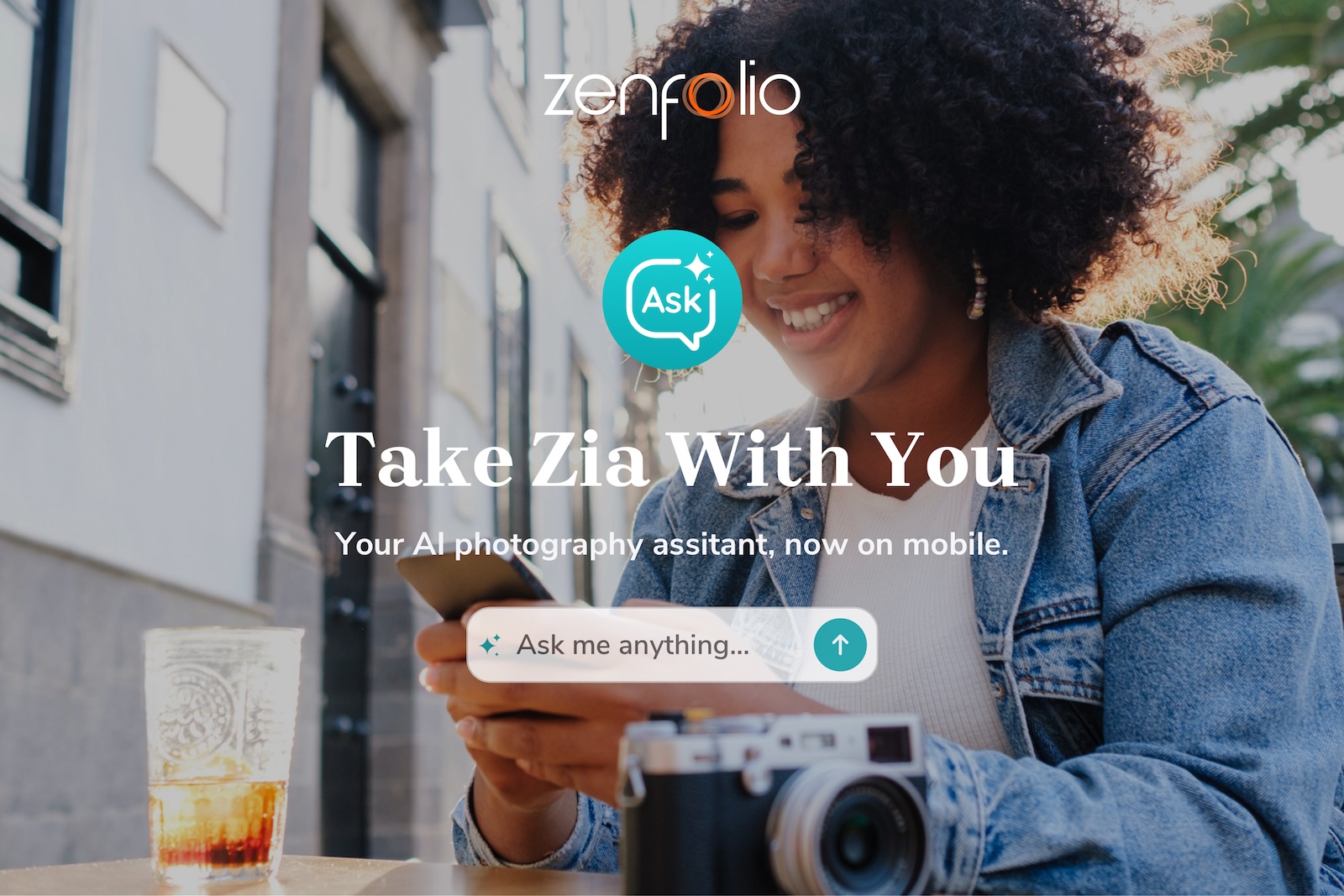 A smiling woman with curly hair sits outdoors at a table with a camera and drink, looking at her smartphone with promotional text overlay advertising Zenfolio Zia, an AI photography assistant.