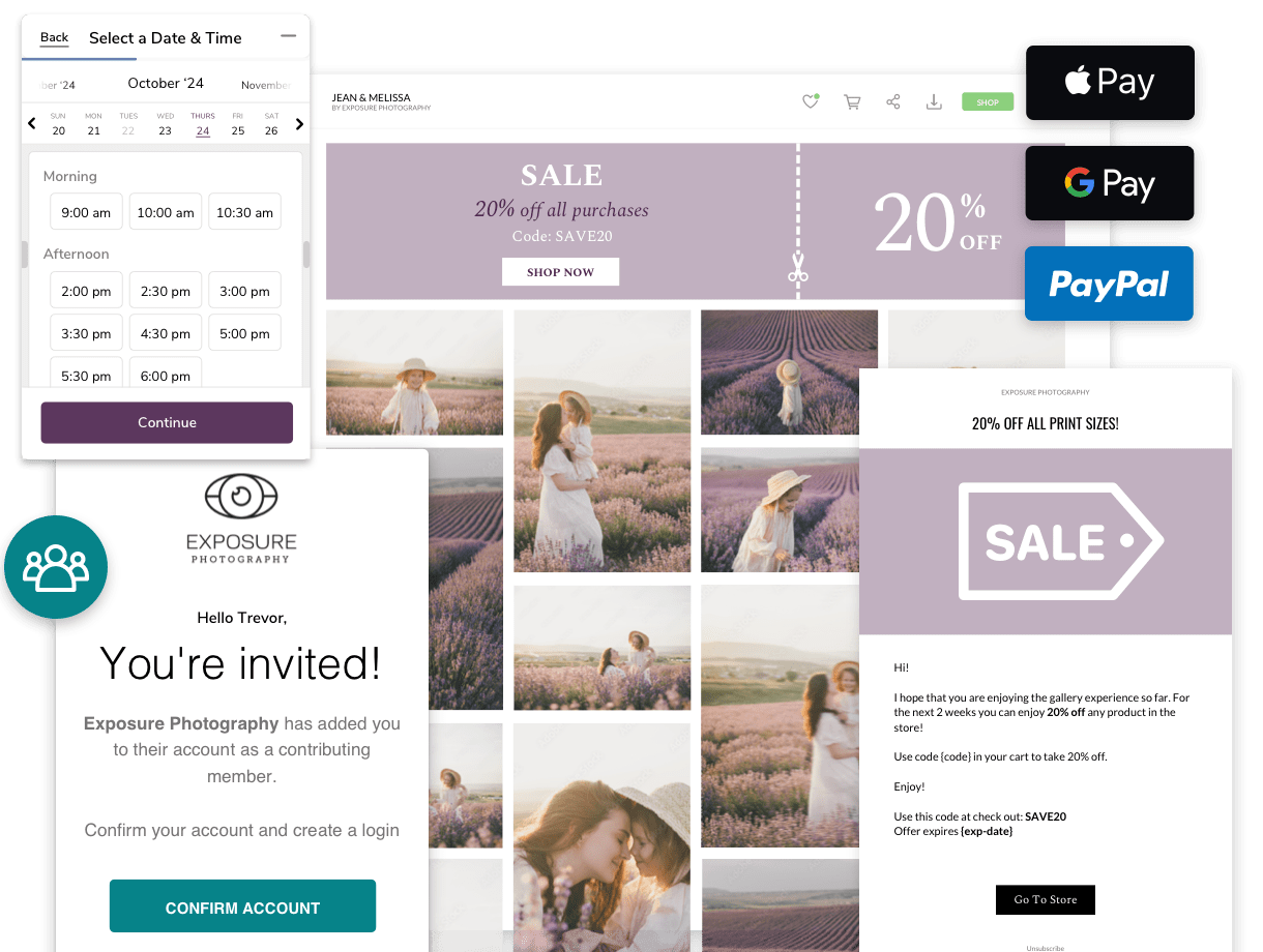 A collage of digital interface elements for Exposure Photography displays a booking calendar, a lavender-themed photo gallery with a 20 percent off sale banner, payment options for Apple Pay, Google Pay, and PayPal, and an email invitation to join as a contributing member.