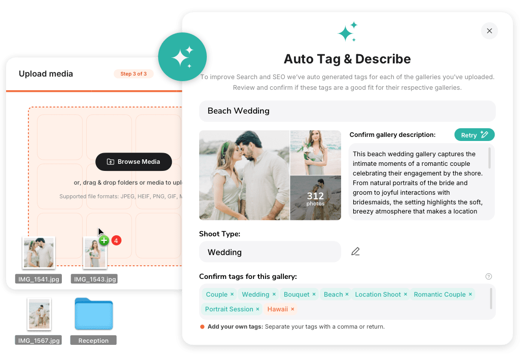 A digital interface displays an Auto Tag and Describe window overlaying an Upload media screen, showing automated tags, a gallery description, and wedding photos of a couple on a beach.