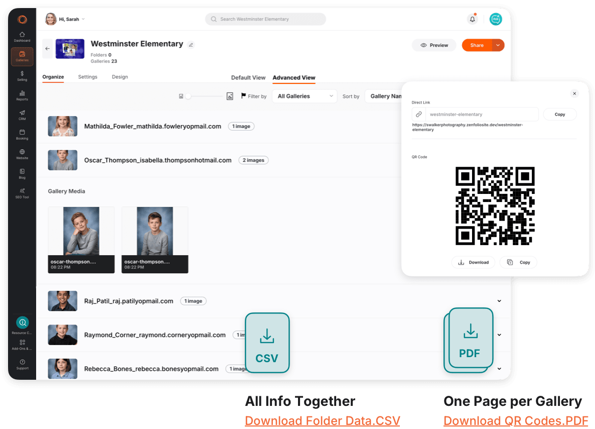 A software dashboard displays student gallery media with options to download folder data as a CSV file or download QR codes as a PDF file.
