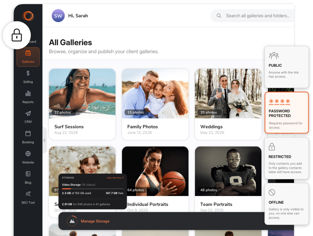 A digital dashboard interface displays a collection of photo galleries with options for privacy settings like public, password protected, restricted, and offline shown on the right.