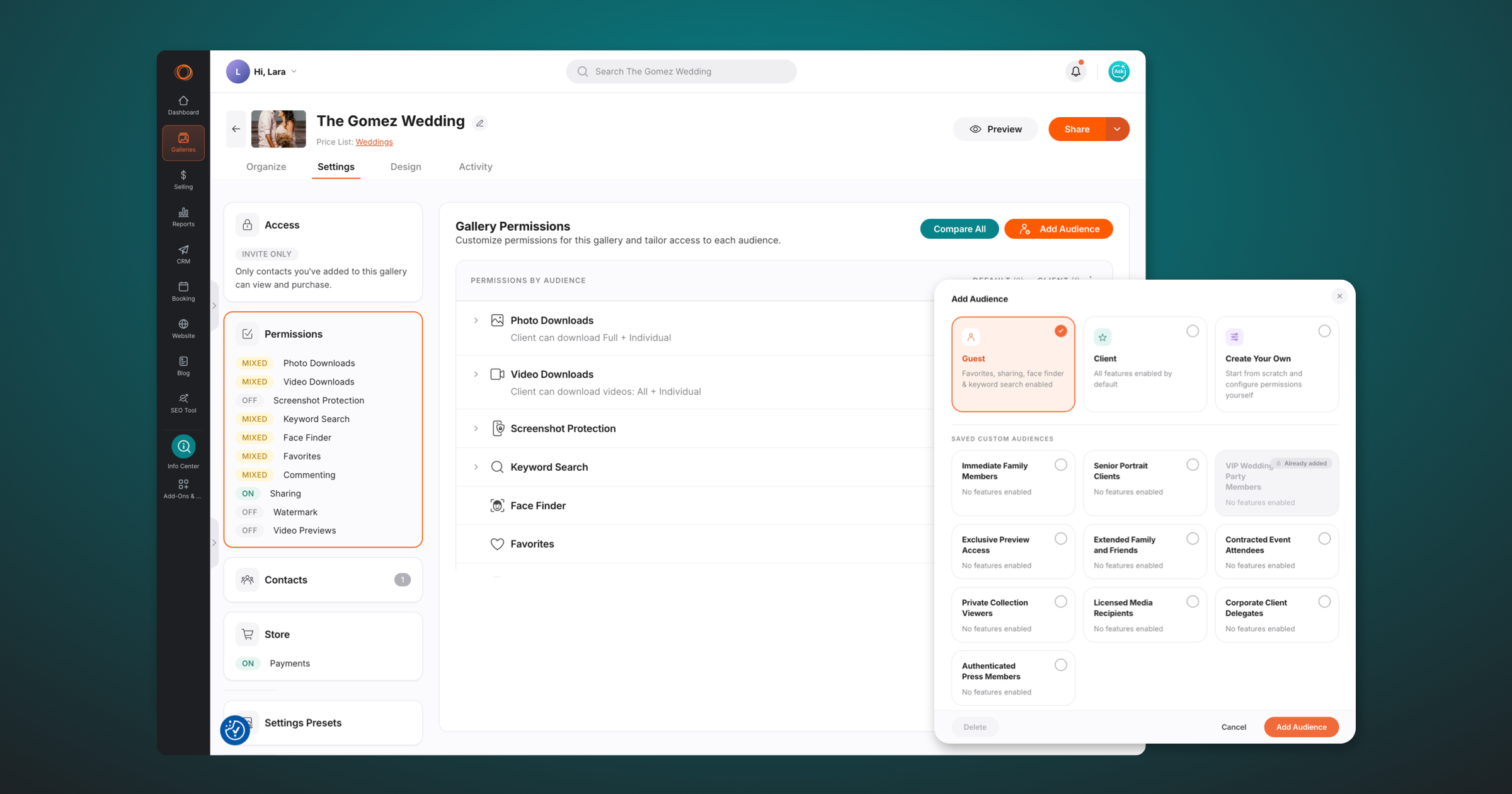 A screenshot of a digital dashboard displaying gallery permissions settings for a wedding photography project, with an Add Audience modal window open on the right showing various audience types like Guest, Client, and custom options.