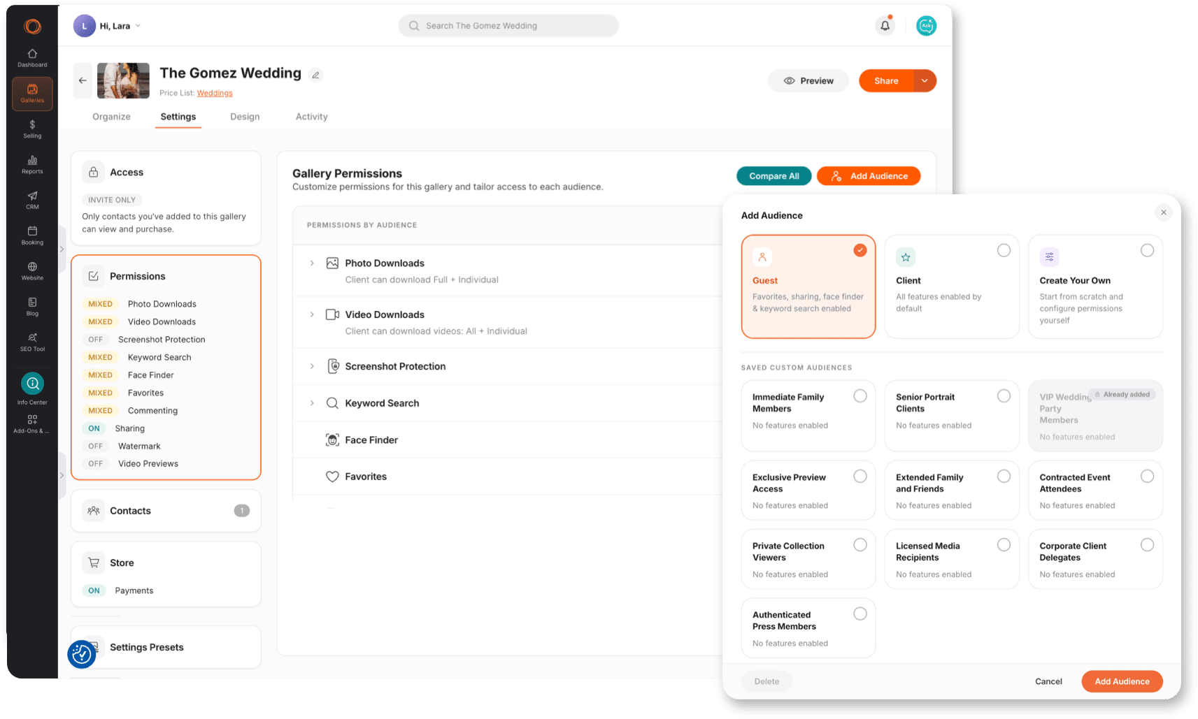 A screenshot of a digital dashboard for "The Gomez Wedding" gallery settings, featuring an open "Add Audience" modal window on the right that displays various audience options like Guest, Client, and Immediate Family Members.