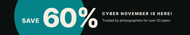 A promotional banner for Cyber November featuring white text on a black background that reads "CYBER NOVEMBER IS HERE! Trusted by photographers for over 20 years," alongside a teal circular badge displaying "SAVE 60%."