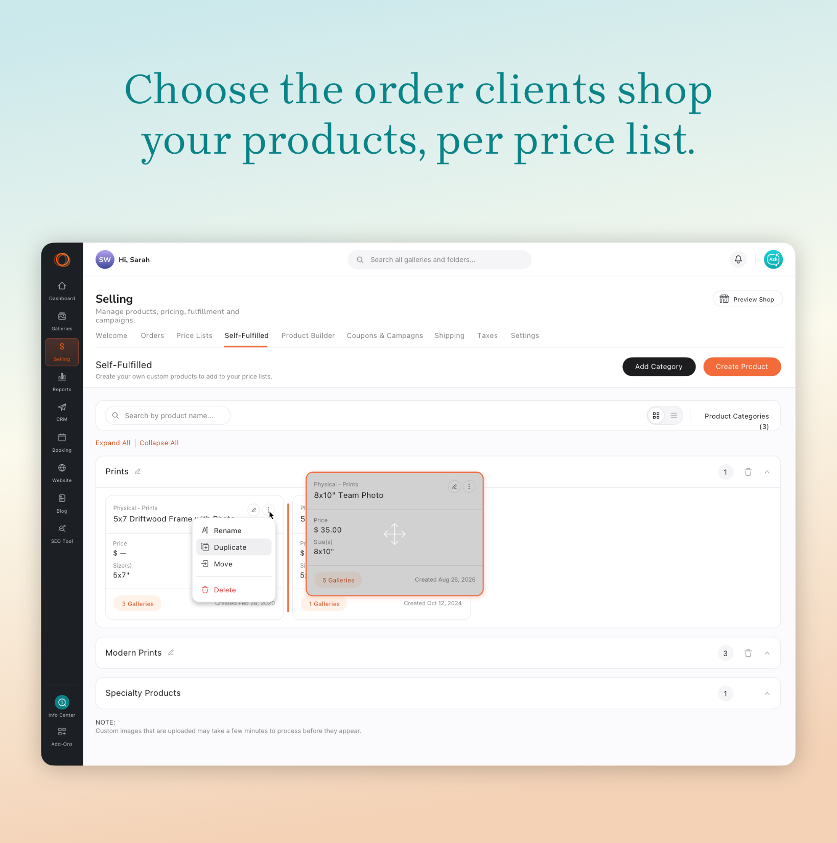 Seller dashboard showing product cards being reordered within a shop’s product categories.