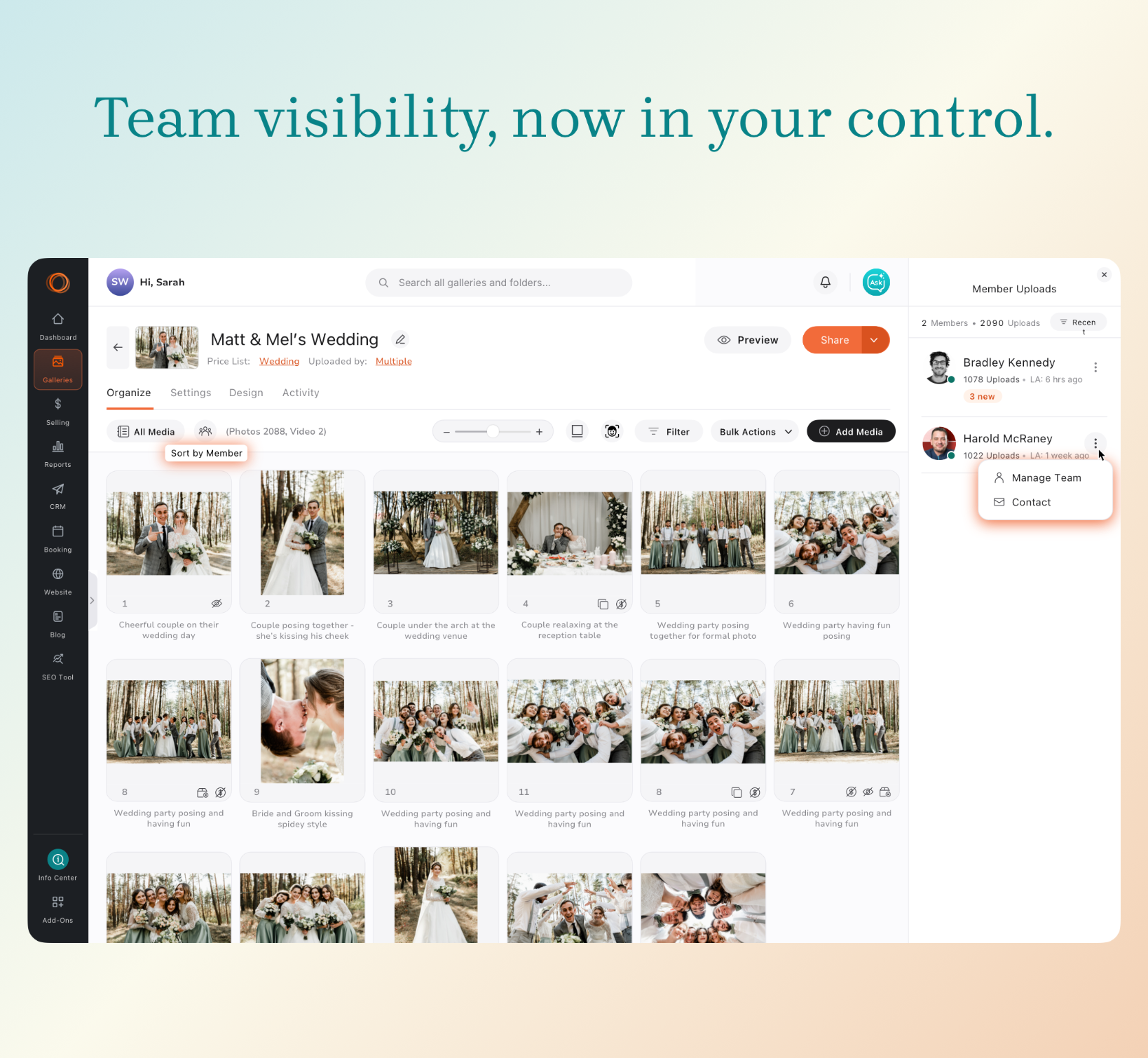 A user interface screenshot displays a digital workspace titled Matt and Mels Wedding with photo galleries, member upload controls, and a prominent banner reading Team visibility, now in your control.
