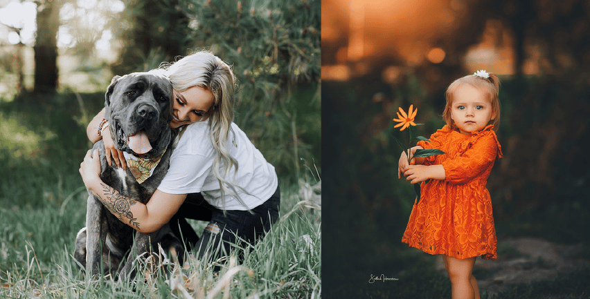 photo #1: A photo of a lady hugging her dog with photo #2: a little girl holding a flower